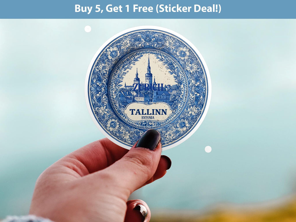 Tallinn Estonia Sticker Vintage Delft style, Delftware Decal Waterproof Vinyl, Blue City Travel