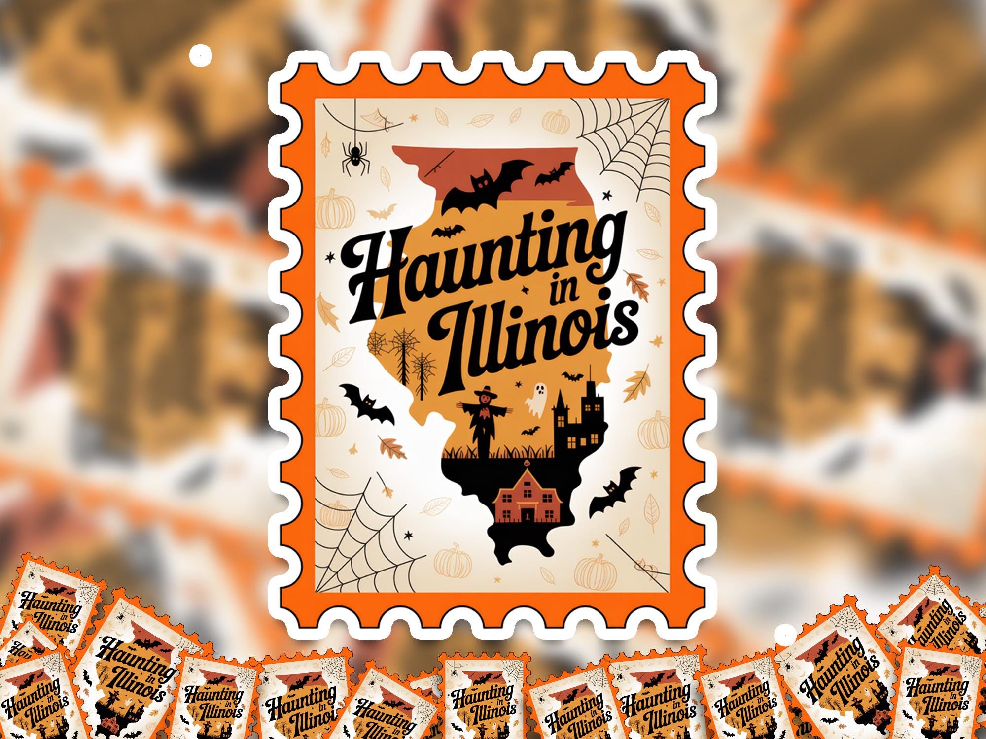 Illinois Stamp Halloween Sticker, Spooky USA Kiss-Cut Vinyl, Waterproof Decal, United States Travel