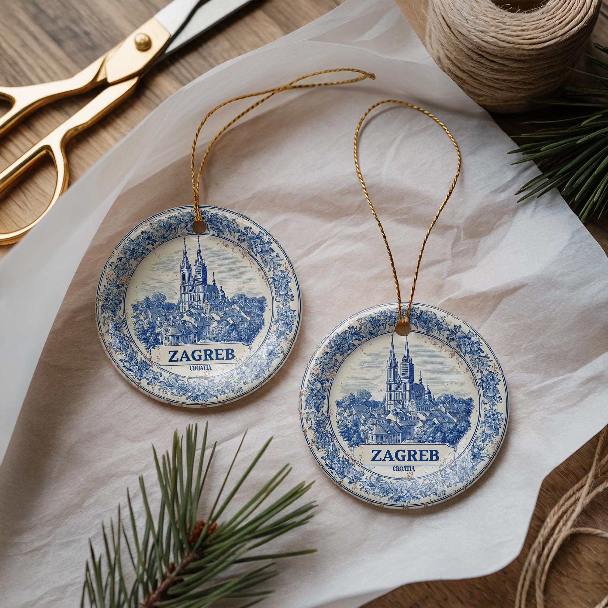 Custom Zagreb Croatia Ceramic Delft Ornament, Christmas Delftware Blue Delftware city travel