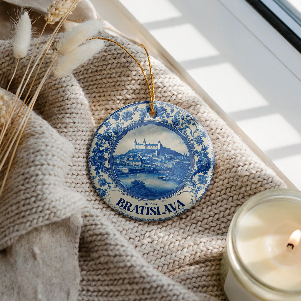 Custom Bratislava Slovakia Ceramic Delft Ornament, Christmas Delftware Blue Delftware city travel