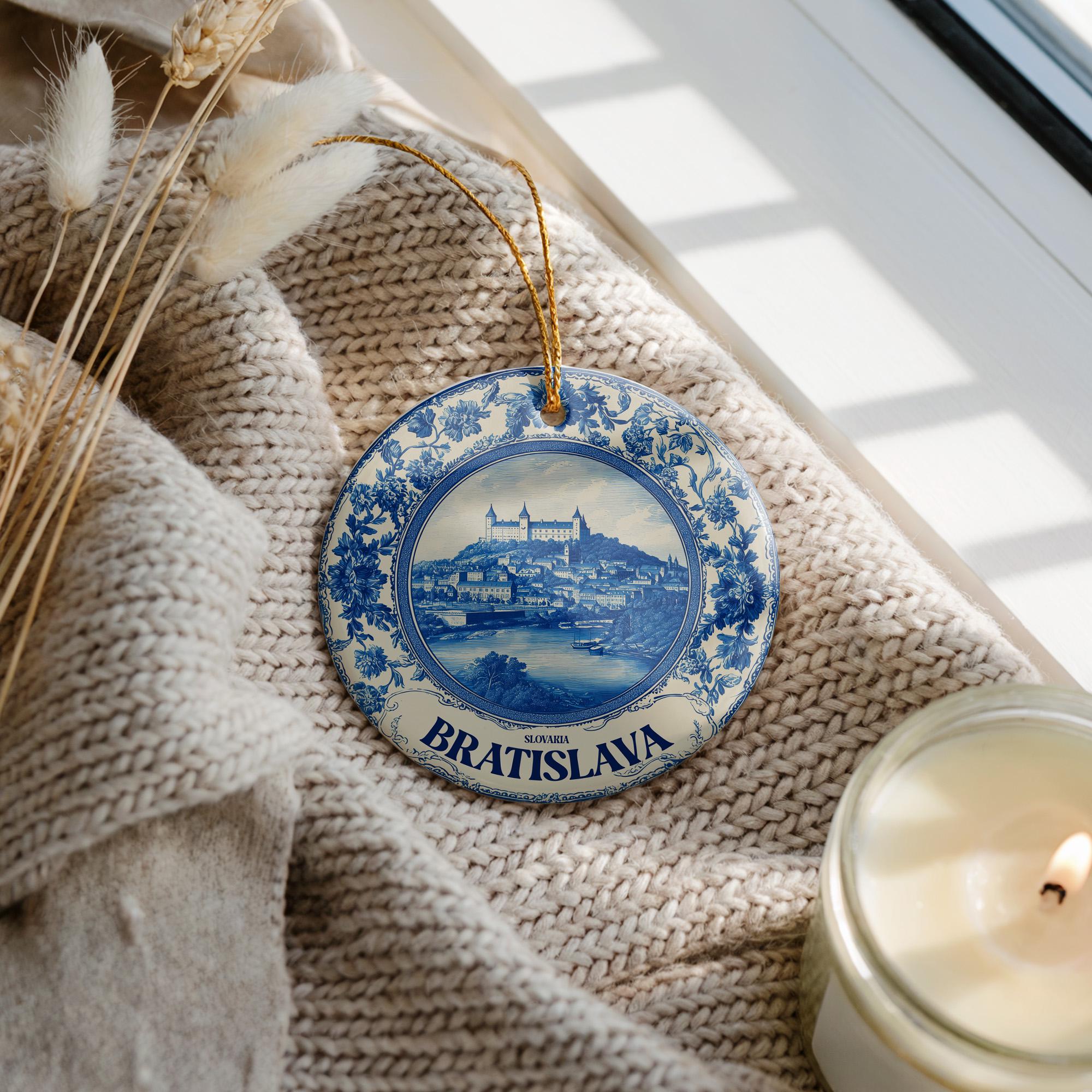 Custom Bratislava Slovakia Ceramic Delft Ornament, Christmas Delftware Blue Delftware city travel