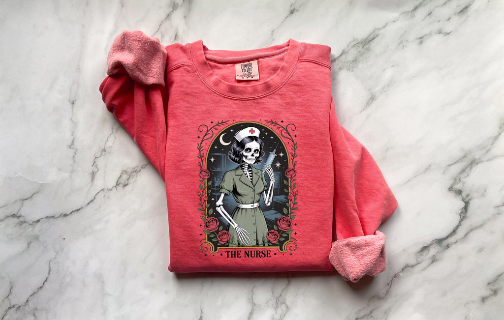 Gothic Nurse Halloween Sweatshirt, Spooky Tarot Card Skeleton RN Pullover, Retro Witchy Medical Apparel, Creepy Fall Top, Gift for Nurse