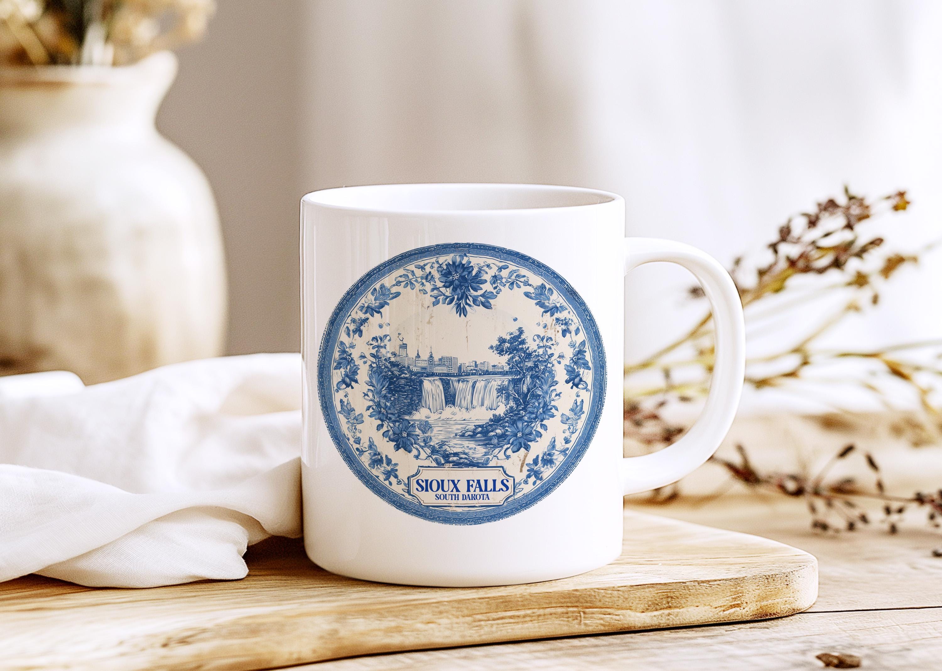 Sioux Falls South Dakota Mug, Custom Delft Style cup, Personalized Vintage Travel City Gift