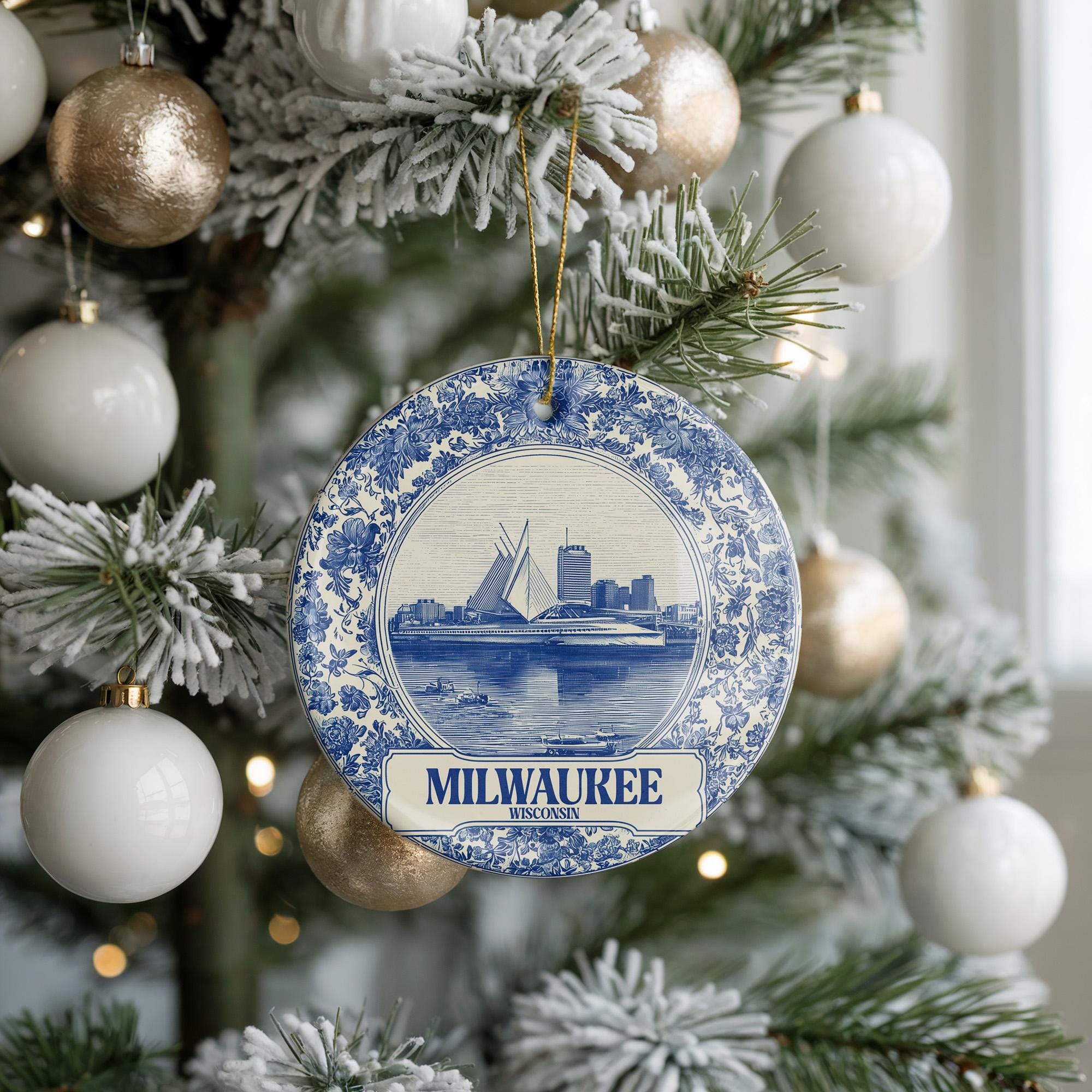 Custom Milwaukee Wisconsin Ceramic Delft Ornament, Christmas Delftware Blue Delftware city travel