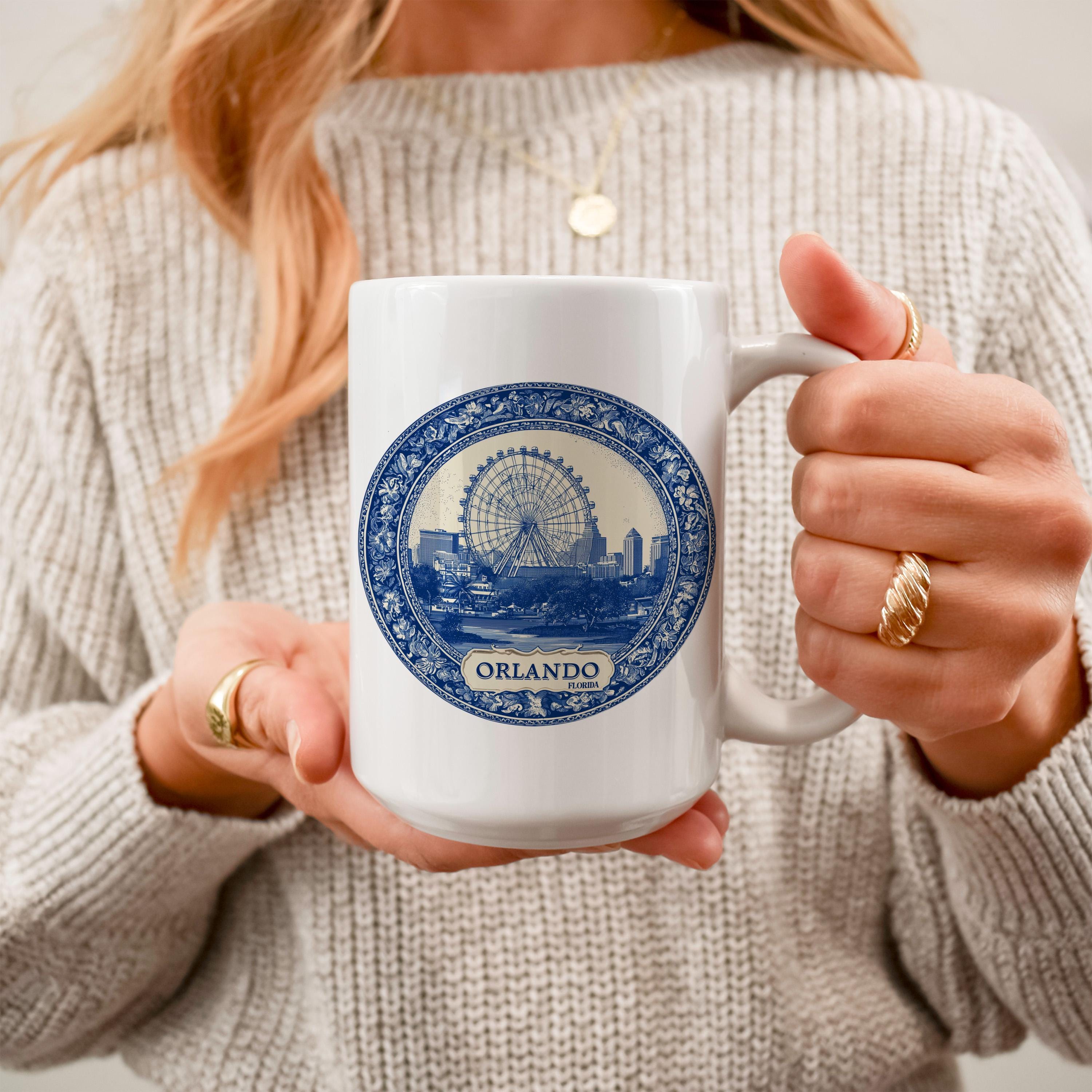 Orlando Florida Mug, Custom Delft Style cup, Personalized Vintage Travel City Gift