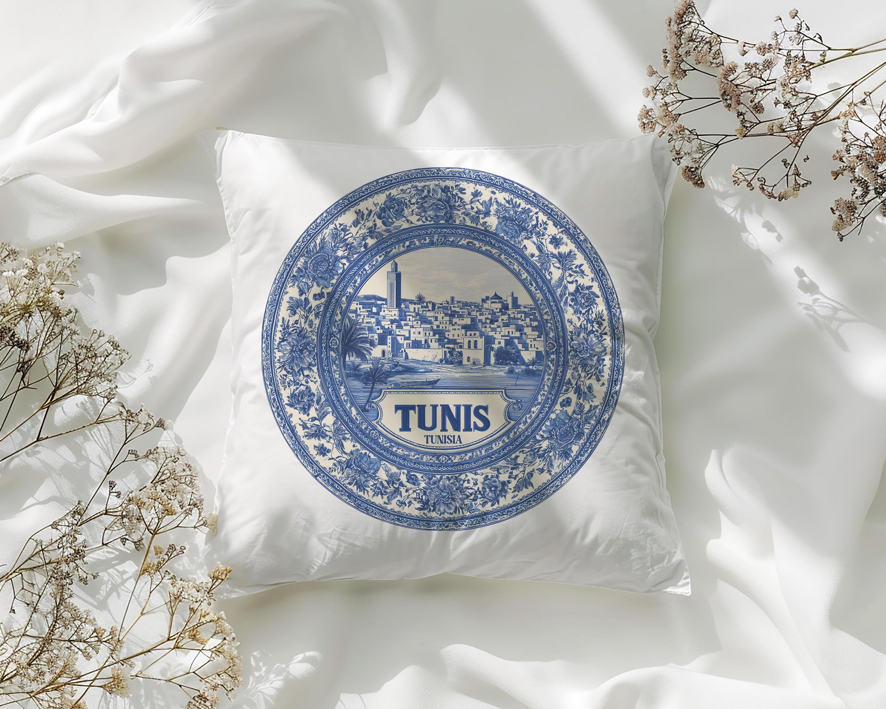 Tunis Tunisia Pillowcase, Delft Style Decorative Throw Pillow, Vintage Cityscape Retro Home Decor