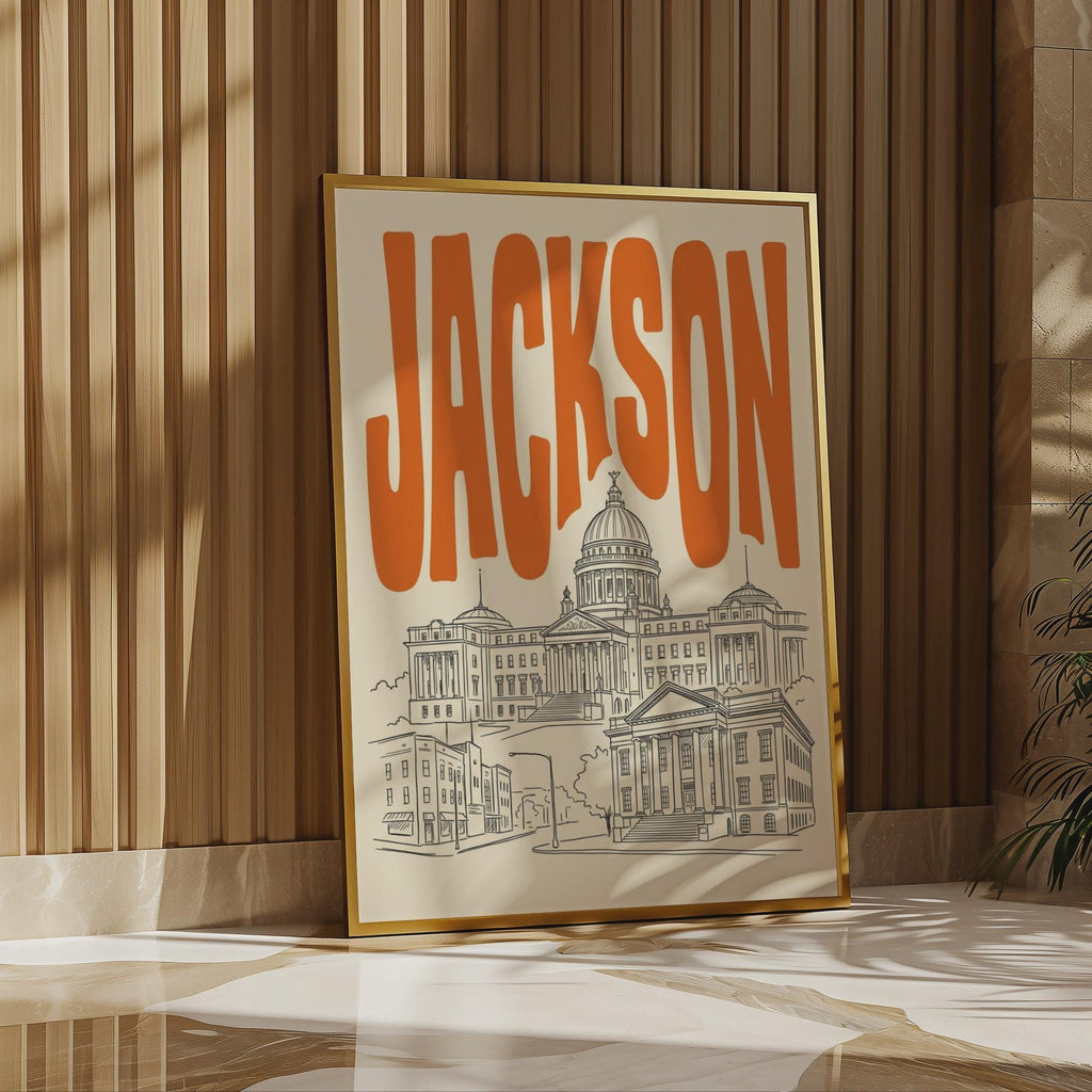 Jackson Mississippi Wall Minimalist Art, Framed Canvas Print, State Capitol Skyline Decor