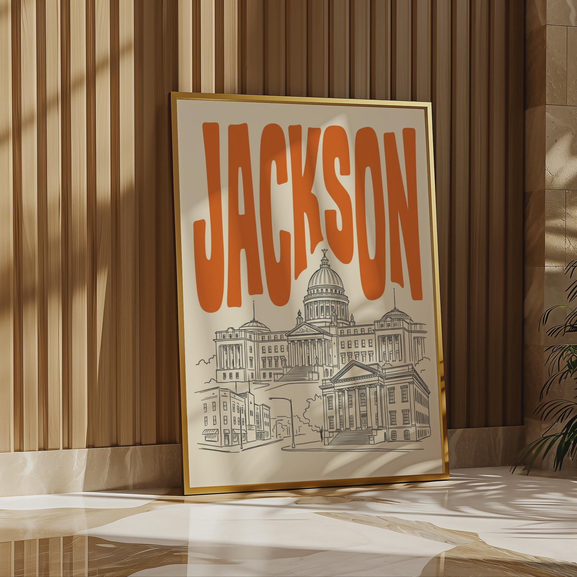 Jackson Mississippi Wall Minimalist Art, Framed Canvas Print, State Capitol Skyline Decor