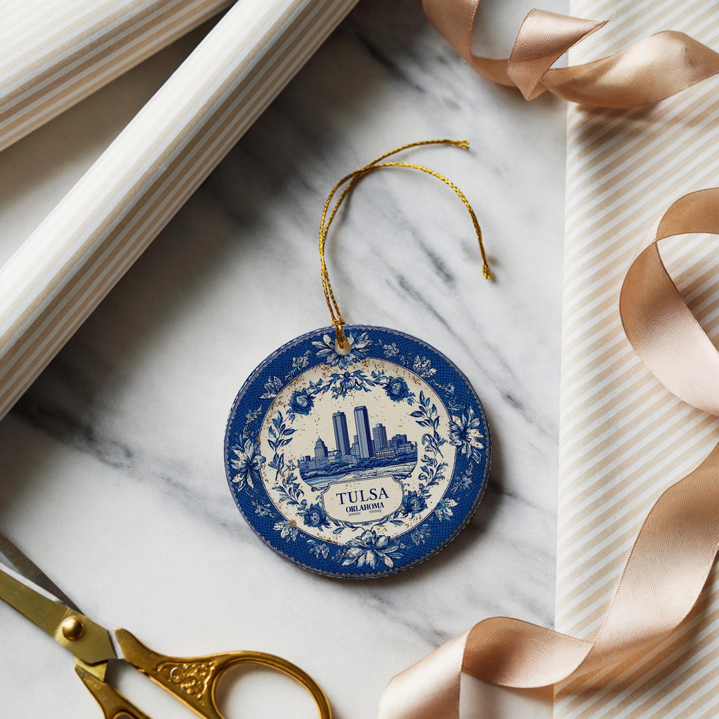 Custom Tulsa Oklahoma Ceramic Delft Ornament, Christmas Delftware Blue Delftware city travel