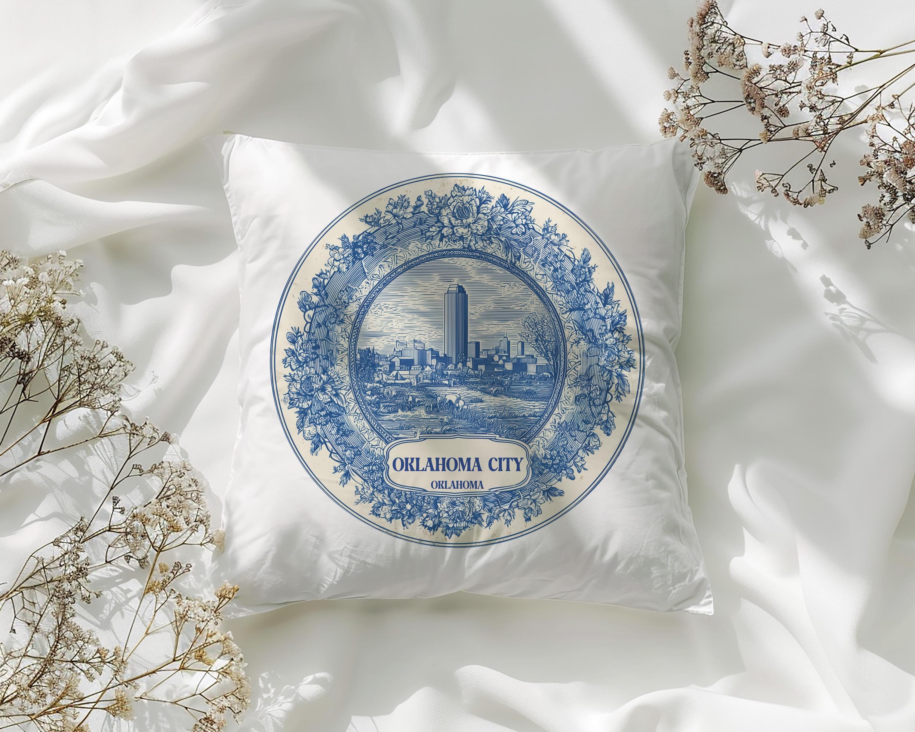 Oklahoma City Pillowcase, Delft Style Decorative Throw Pillow, Vintage Cityscape Retro Home Decor