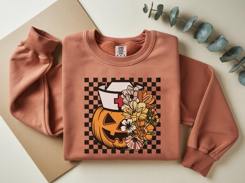 Floral Scary pumpkin, Halloween Nurse Sweatshirt, Spooky RN Fall Top, Funny Apparel, Cozy Autumn Pullover, Cute Retro Gift for Nurse