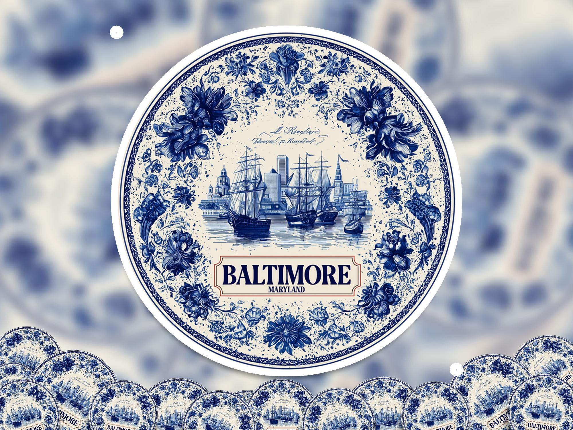 Baltimore Maryland Sticker Vintage Delft style, Delftware Decal Waterproof Vinyl, Blue City Travel USA