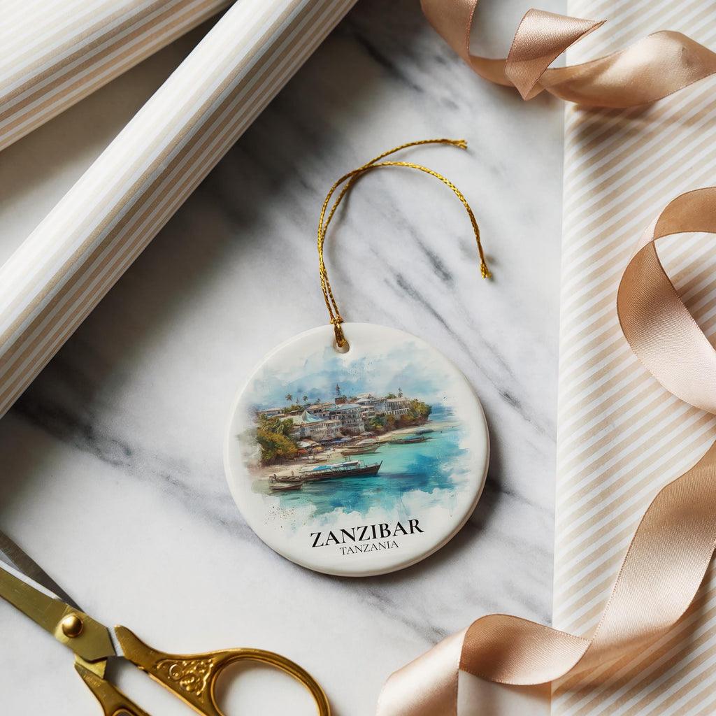 Zanzibar Tanzania Personalized Watercolor Ornament, Custom Ceramic Christmas gift, Travel Keepsake