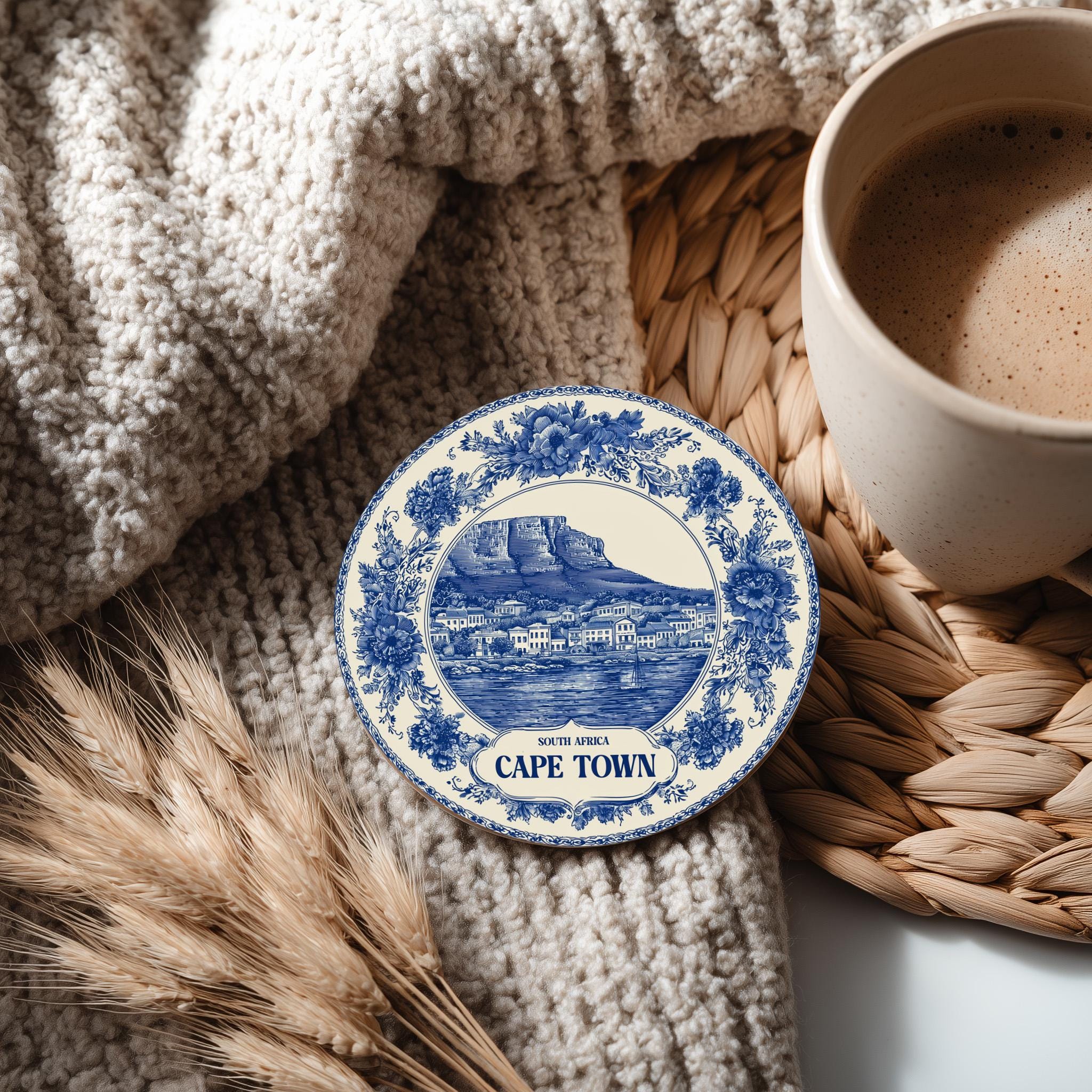 Cape Town South Africa Delftware Ceramic Coaster, Blue White Travel Gift, Vintage Home Decor Collectible