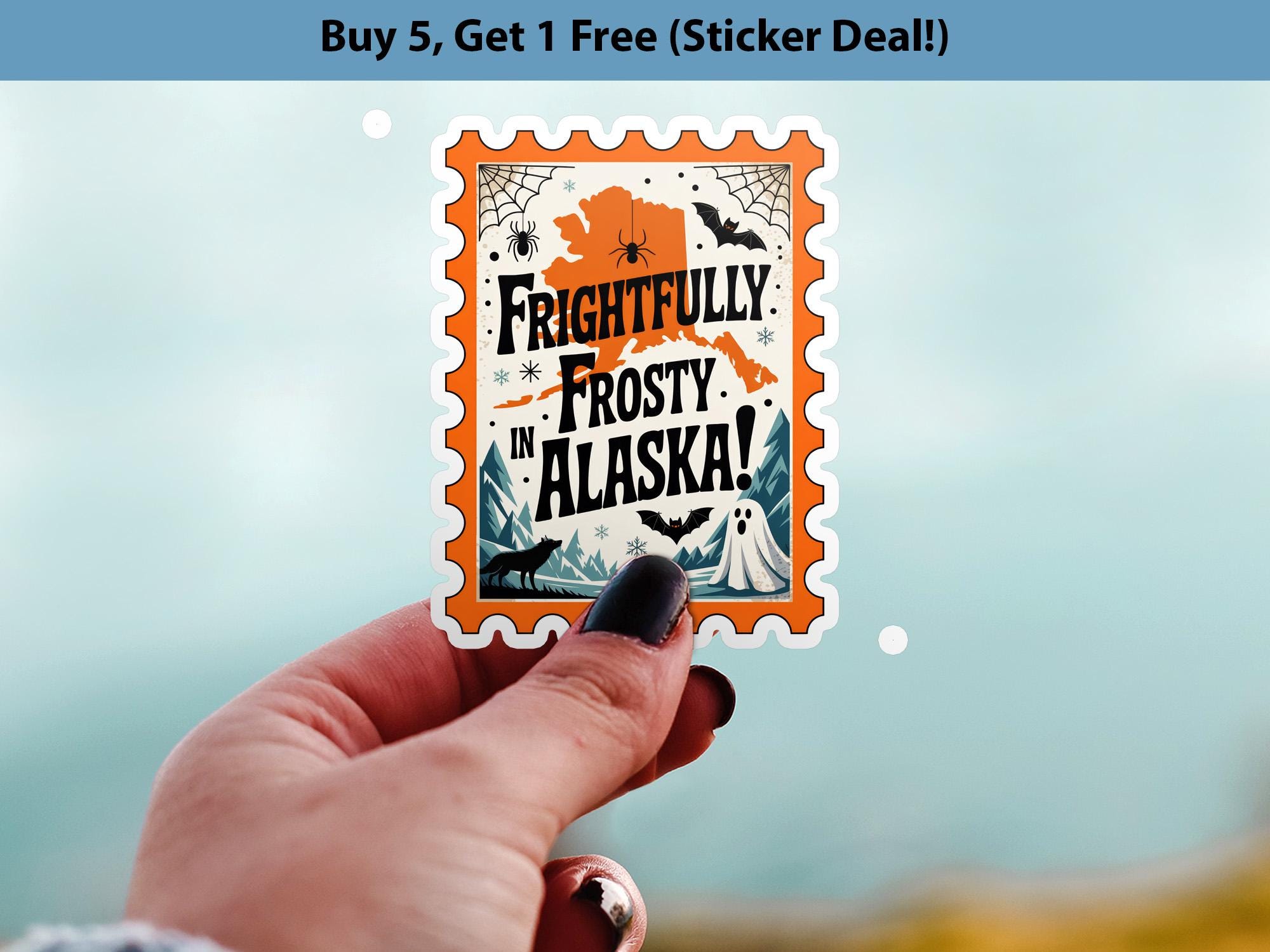 Alaska Stamp Halloween Sticker, Spooky USA Kiss-Cut Vinyl, Waterproof Decal, United States Travel