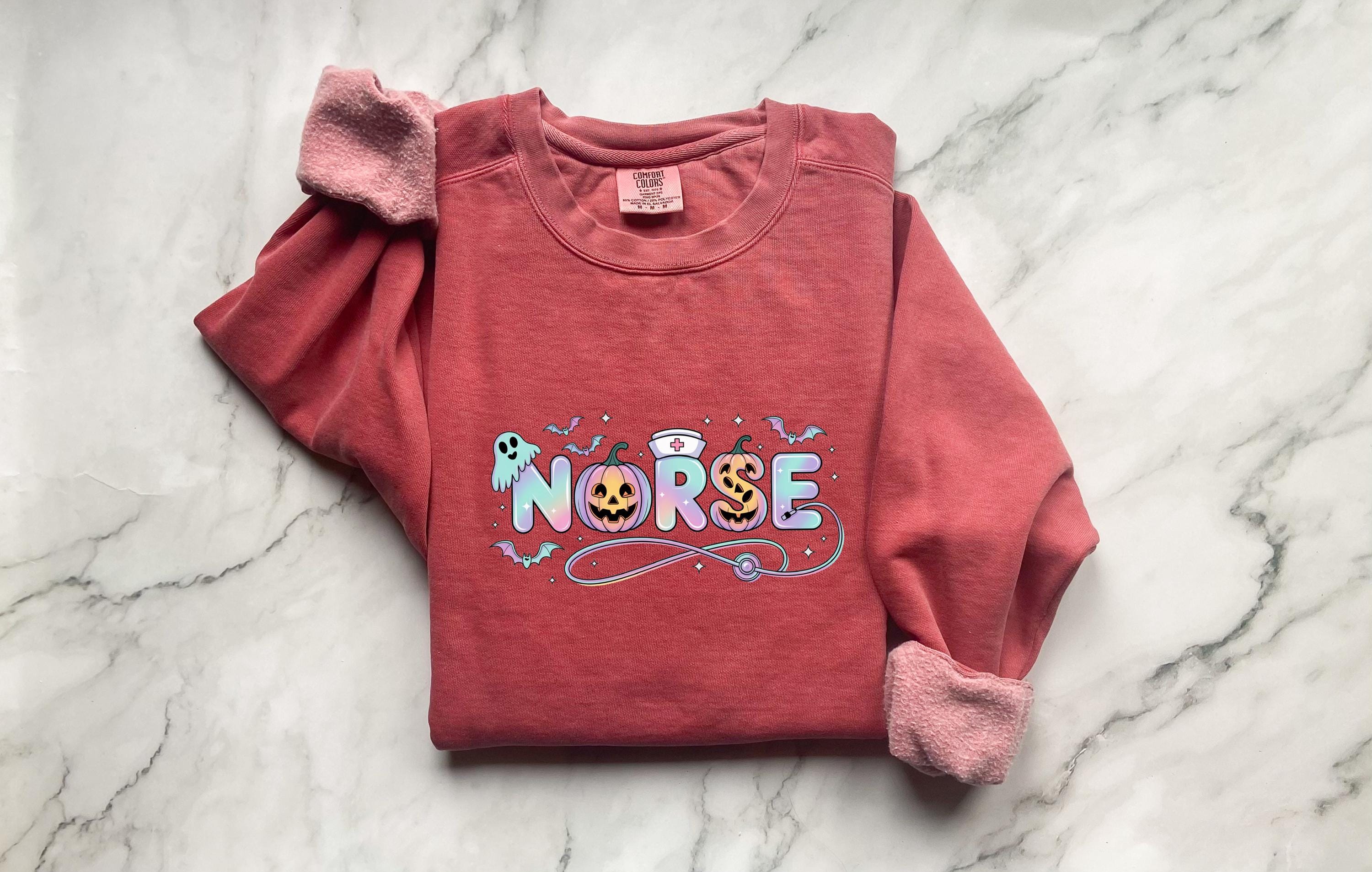 Halloween Nurse Comfort Colors Sweatshirt, Cute RN Crewneck Pullover, Spooky Ghost Pumpkin Candy Letters, Fall Nurse Gift