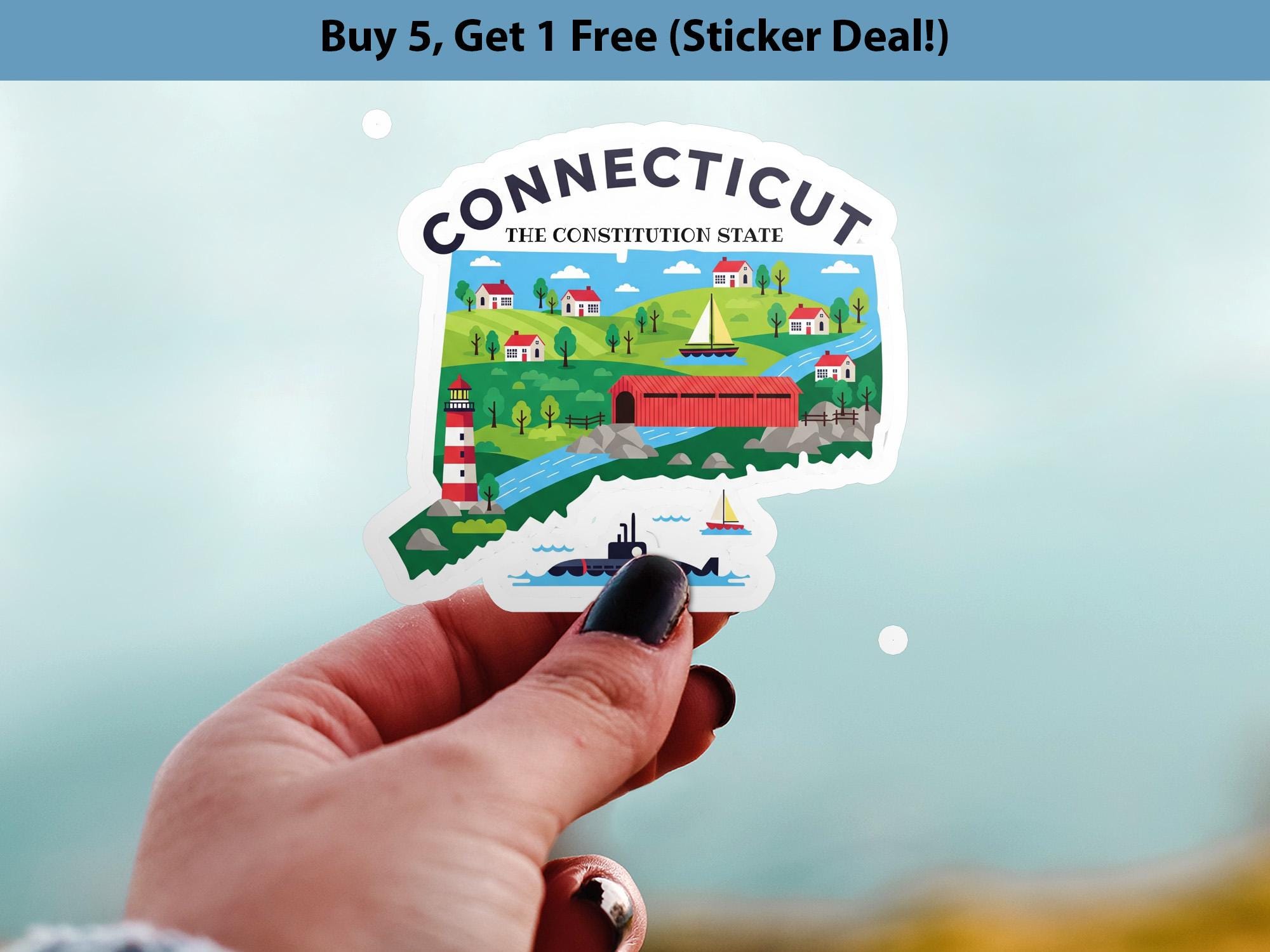 Connecticut State Sticker, USA Kiss-Cut Vinyl, Landmark Waterproof Decal, United States Travel Collection