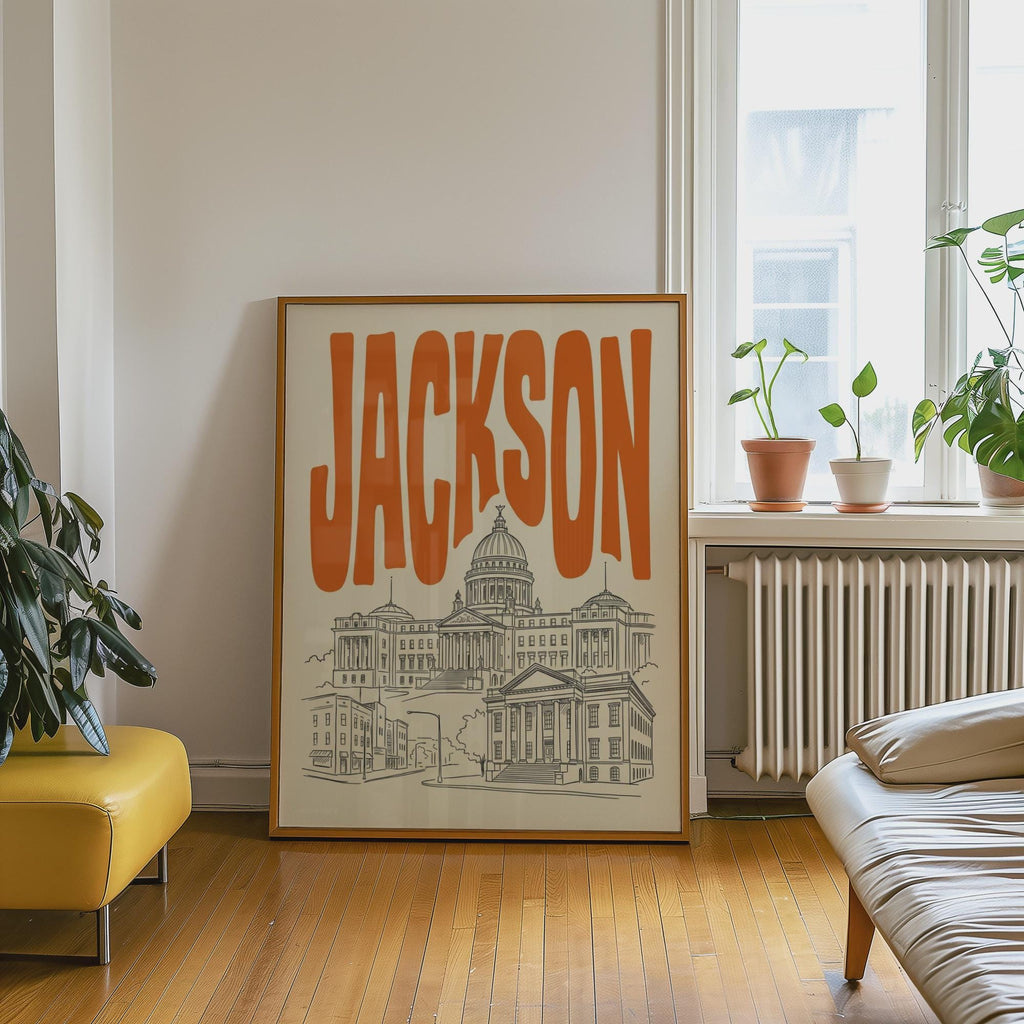 Jackson Mississippi Wall Minimalist Art, Framed Canvas Print, State Capitol Skyline Decor