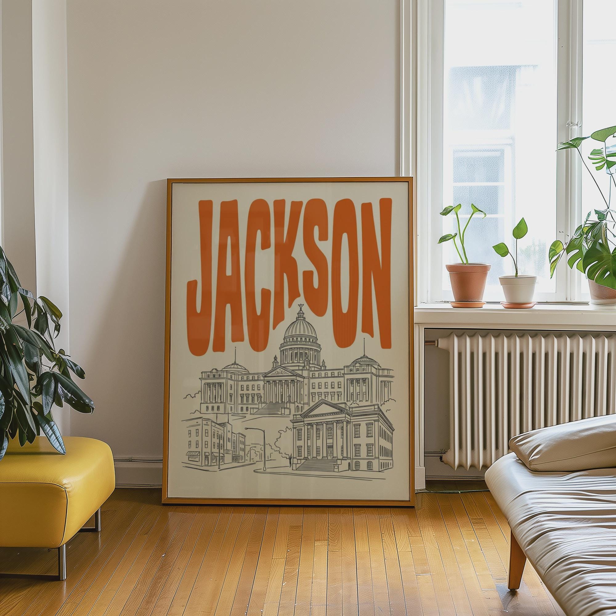 Jackson Mississippi Wall Minimalist Art, Framed Canvas Print, State Capitol Skyline Decor