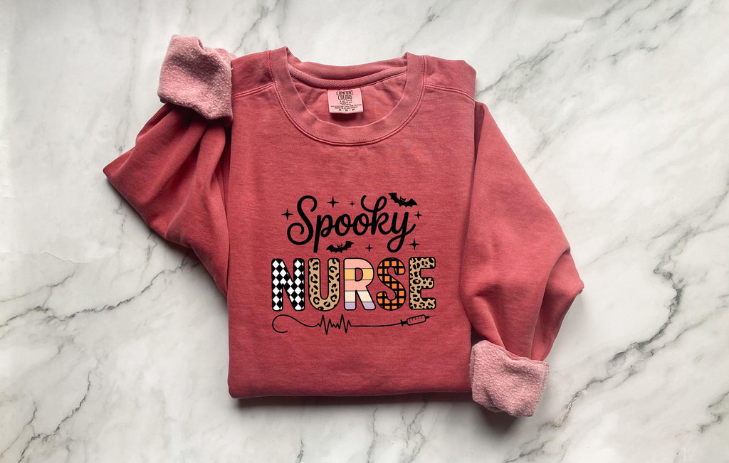 Spooky Nurse Halloween Sweatshirt, Spooky RN Fall Top Cozy Autumn Pullover, Cute Retro Gift for Nurse health worker