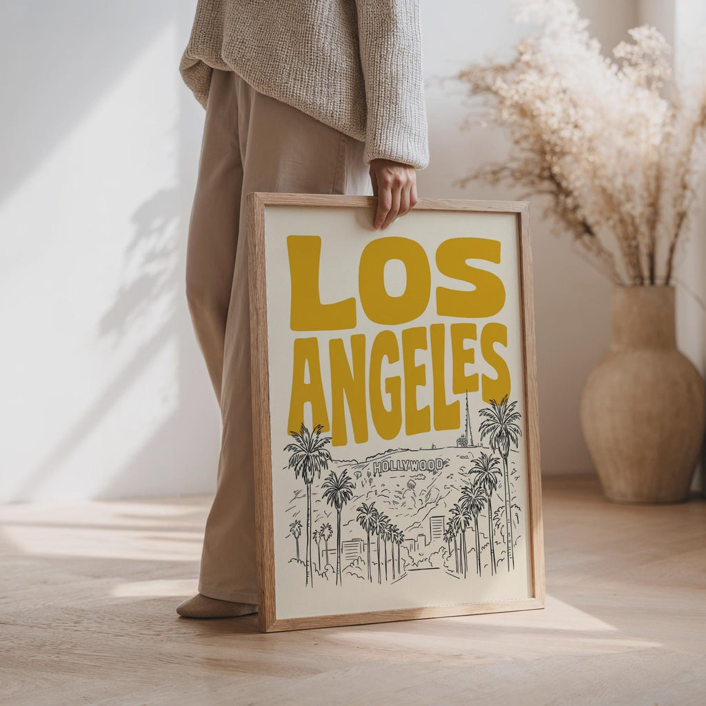 Los Angeles Wall Minimalist Art, Framed Canvas Print, California Skyline Retro City Decor