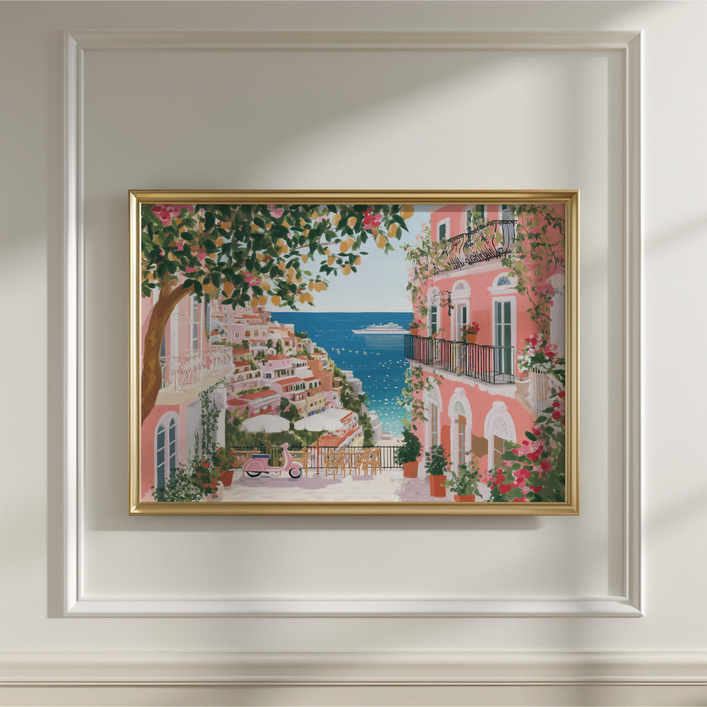 Amalfi Coast Spring Wall Art, Cherry Blossom Floral Italy Travel Gift Decor Large Print