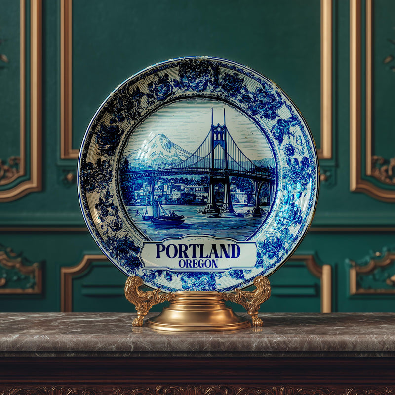 Portland Oregon Decorative Plate, Delft Vintage Home Decor Personalized Gift Travel Housewarming