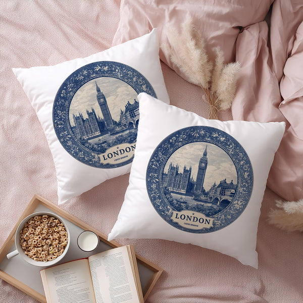 London UK Pillowcase, Delft Style Decorative Throw Pillow, Vintage Cityscape Retro Home Decor