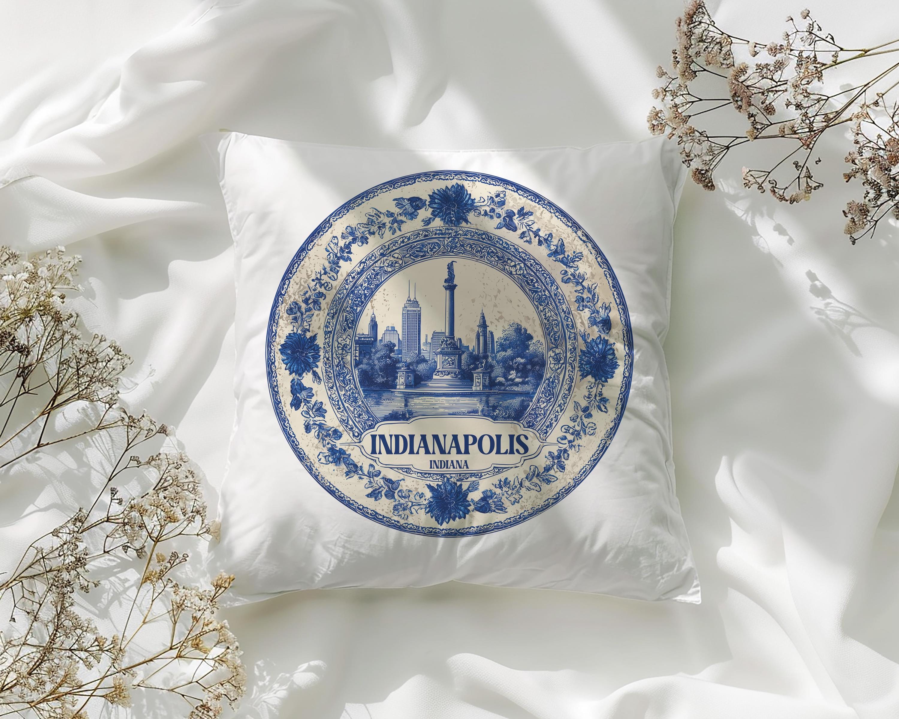 Indianapolis Indiana Pillowcase, Delft Style Decorative Throw Pillow, Vintage Cityscape Retro Home Decor