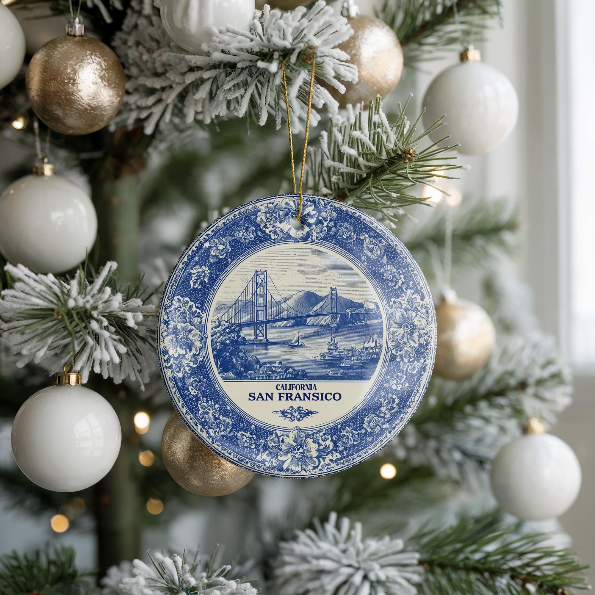 Custom San Francisco California Ceramic Delft Ornament, Christmas Delftware Blue Delftware city travel