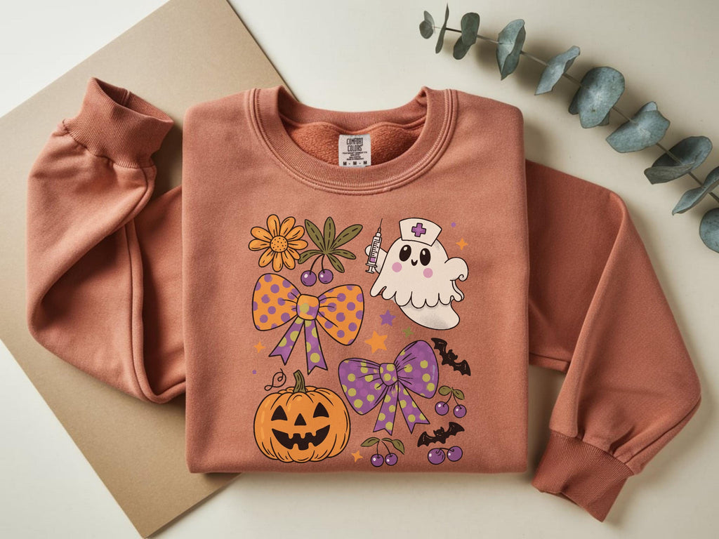 Halloween Nurse Ghost Sweatshirt, Retro Spooky Pumpkin Fall Crewneck, Cute Ghost Nurse Pullover with Flowers and Bows, Gift for RN