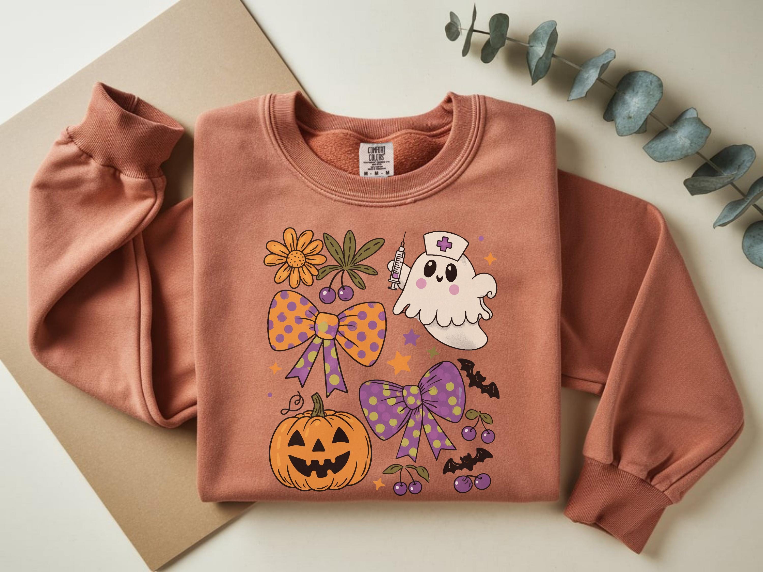 Halloween Nurse Ghost Sweatshirt, Retro Spooky Pumpkin Fall Crewneck, Cute Ghost Nurse Pullover with Flowers and Bows, Gift for RN