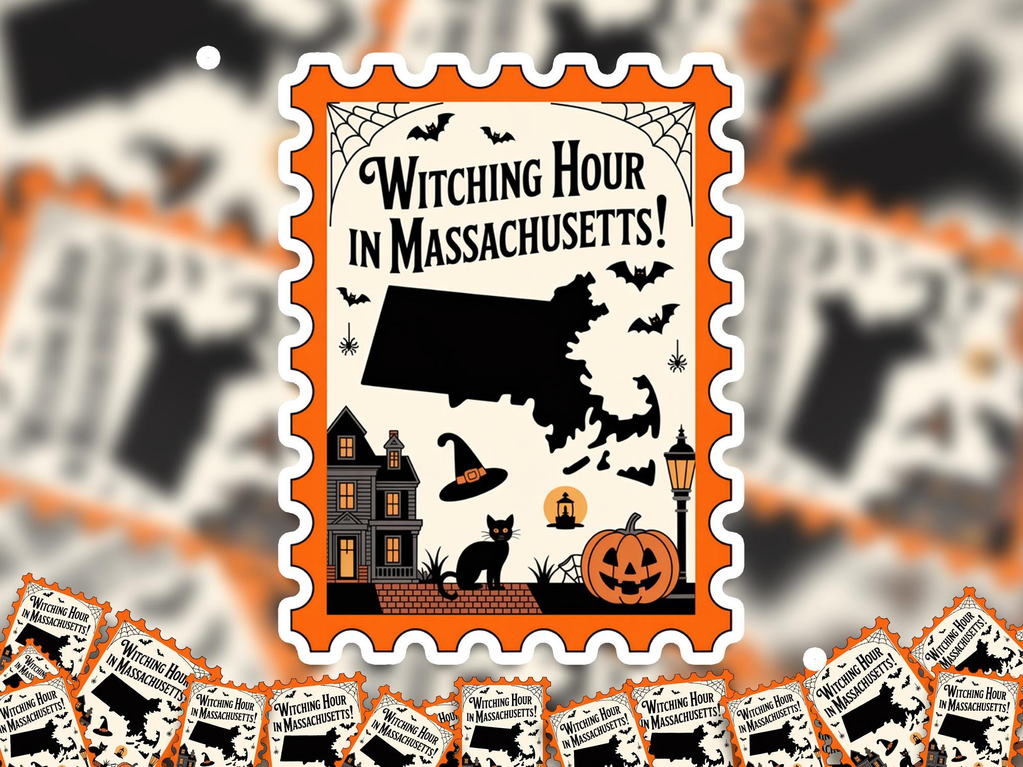 Massachusetts Stamp Halloween Sticker, Spooky USA Kiss-Cut Vinyl, Waterproof Decal, United States Travel