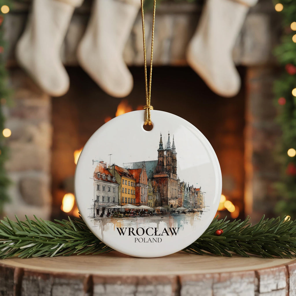 Wroclaw Poland Personalized Watercolor Ornament, Custom Ceramic Christmas gift, Travel Keepsake