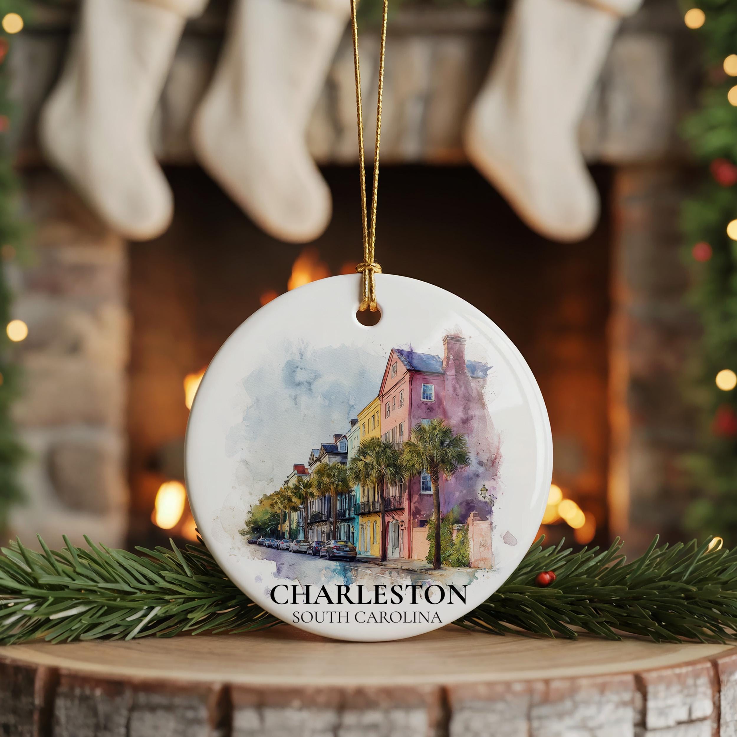 Charleston South Carolina Personalized Watercolor Ornament, Custom Ceramic Christmas gift, Travel Keepsake