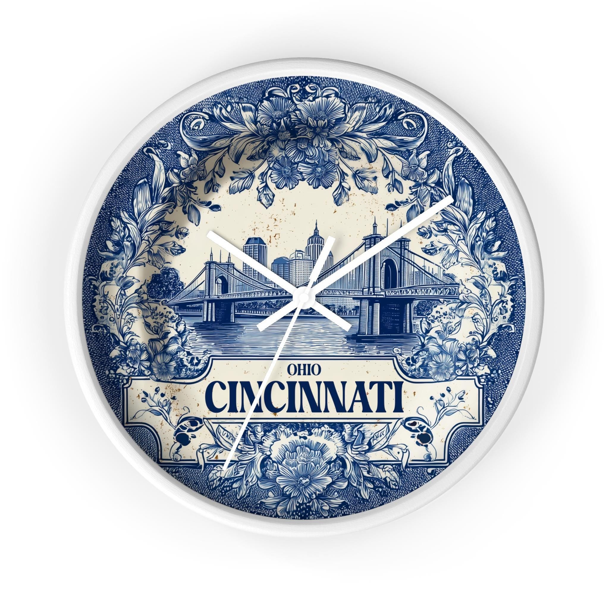 Cincinnati Ohio Wall Clock, Delf style Home Decor, Vintage City Travel Keepsake Art