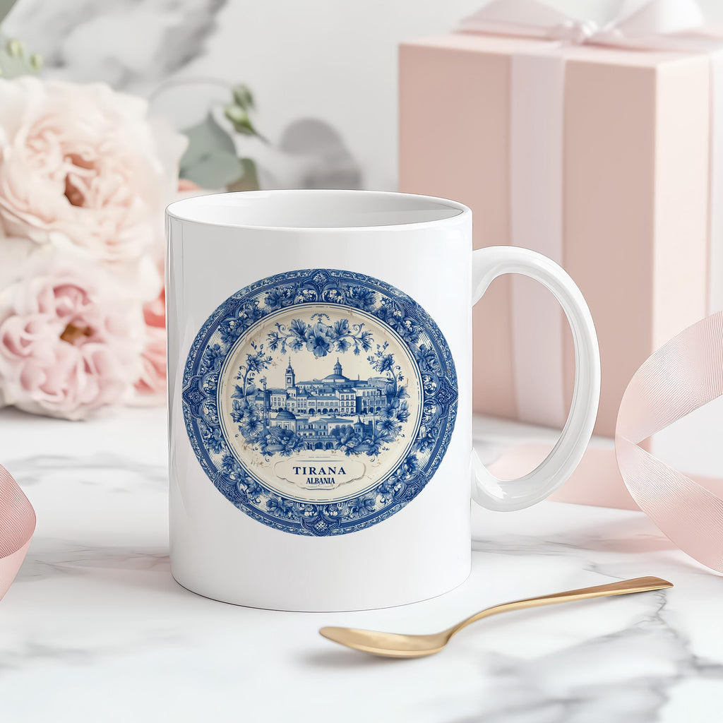 Tirana Albania Mug, Custom Delft Style cup, Personalized Vintage Travel City Gift