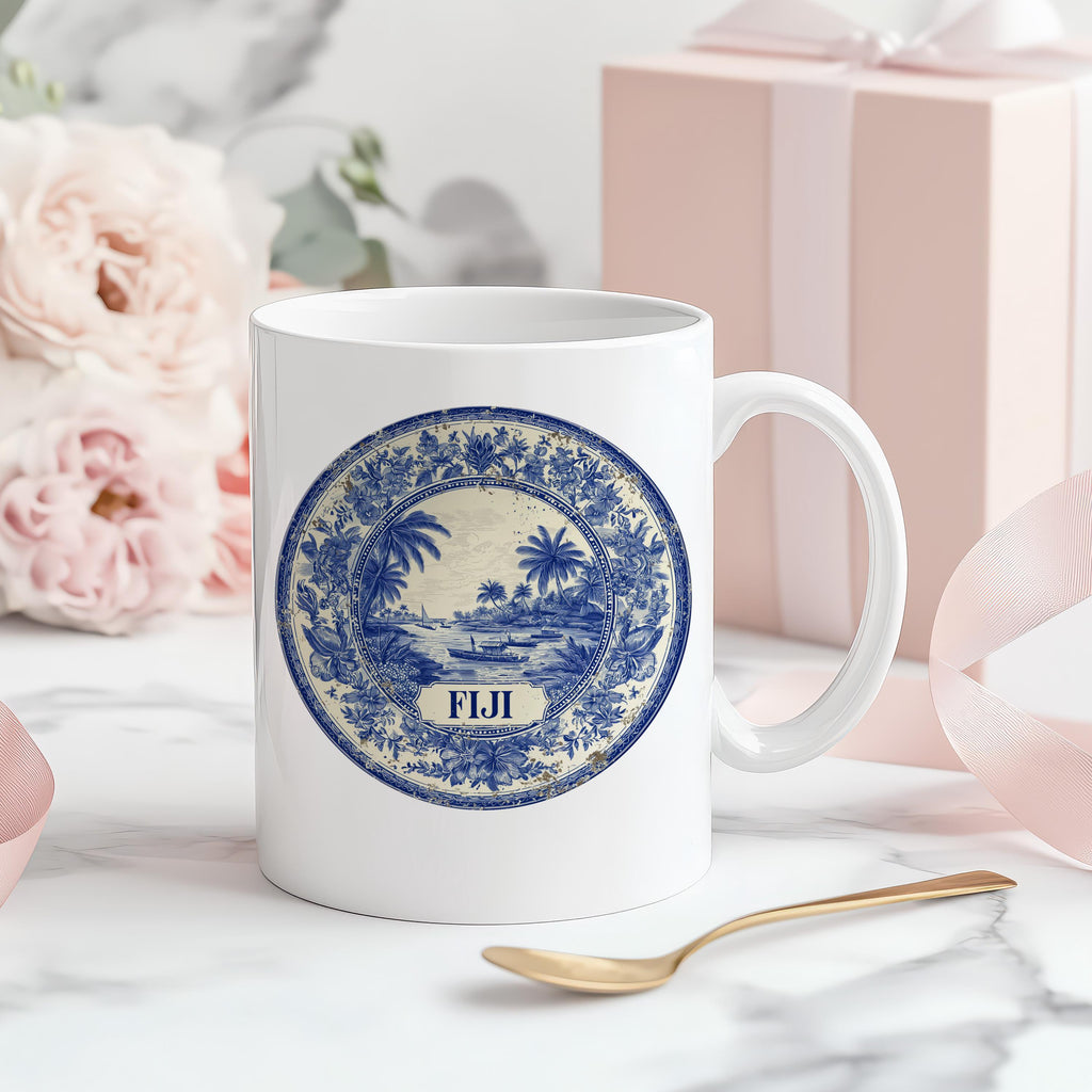 Fiji Mug, Custom Delft Style cup, Personalized Vintage Travel City Gift
