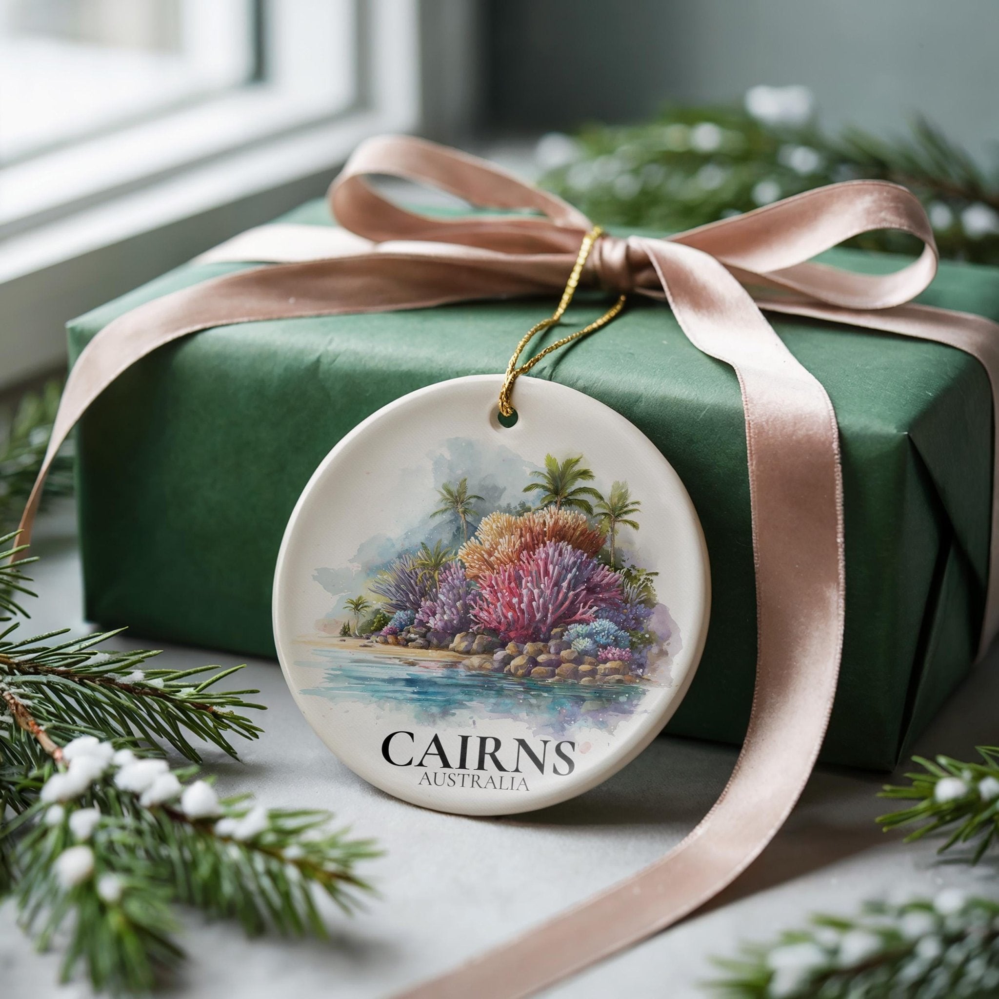 Cairns Australia Personalized Watercolor Ornament, Custom Ceramic Christmas gift, Travel Keepsake - CuteBeePix