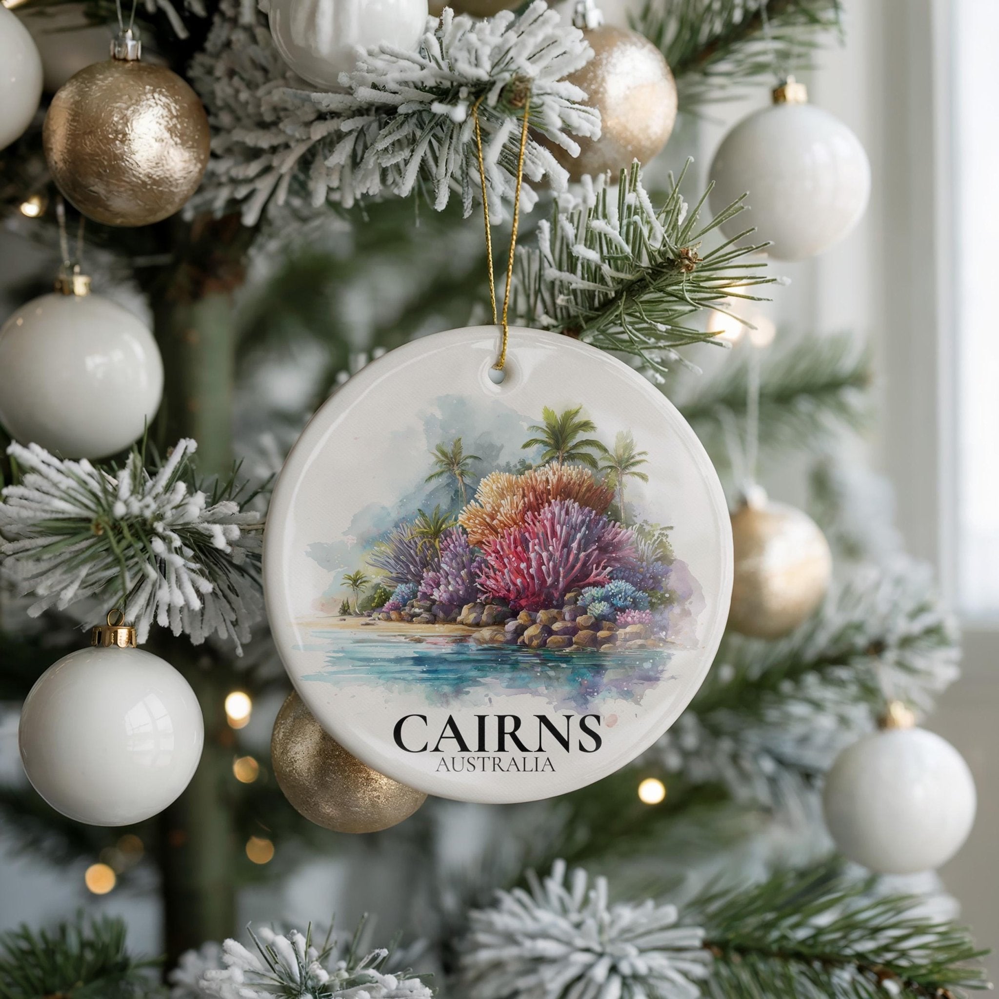 Cairns Australia Personalized Watercolor Ornament, Custom Ceramic Christmas gift, Travel Keepsake - CuteBeePix