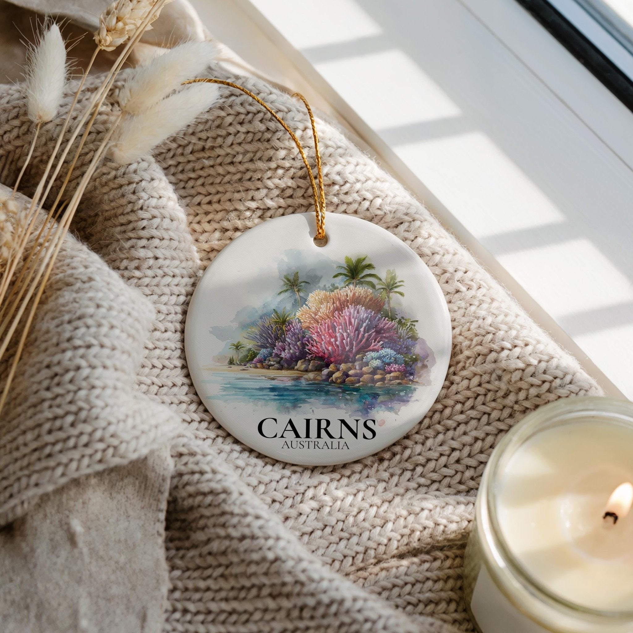 Cairns Australia Personalized Watercolor Ornament, Custom Ceramic Christmas gift, Travel Keepsake - CuteBeePix