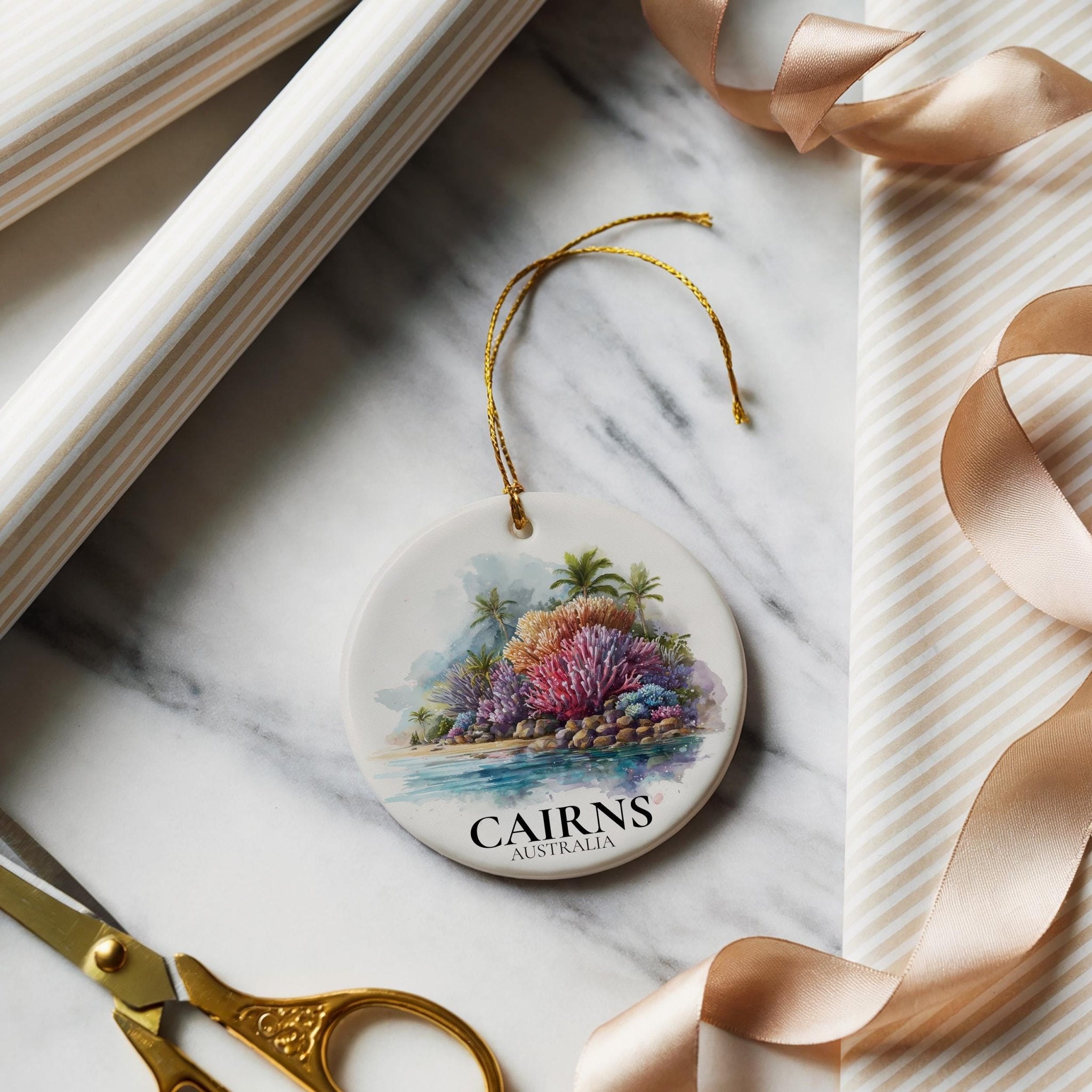 Cairns Australia Personalized Watercolor Ornament, Custom Ceramic Christmas gift, Travel Keepsake - CuteBeePix
