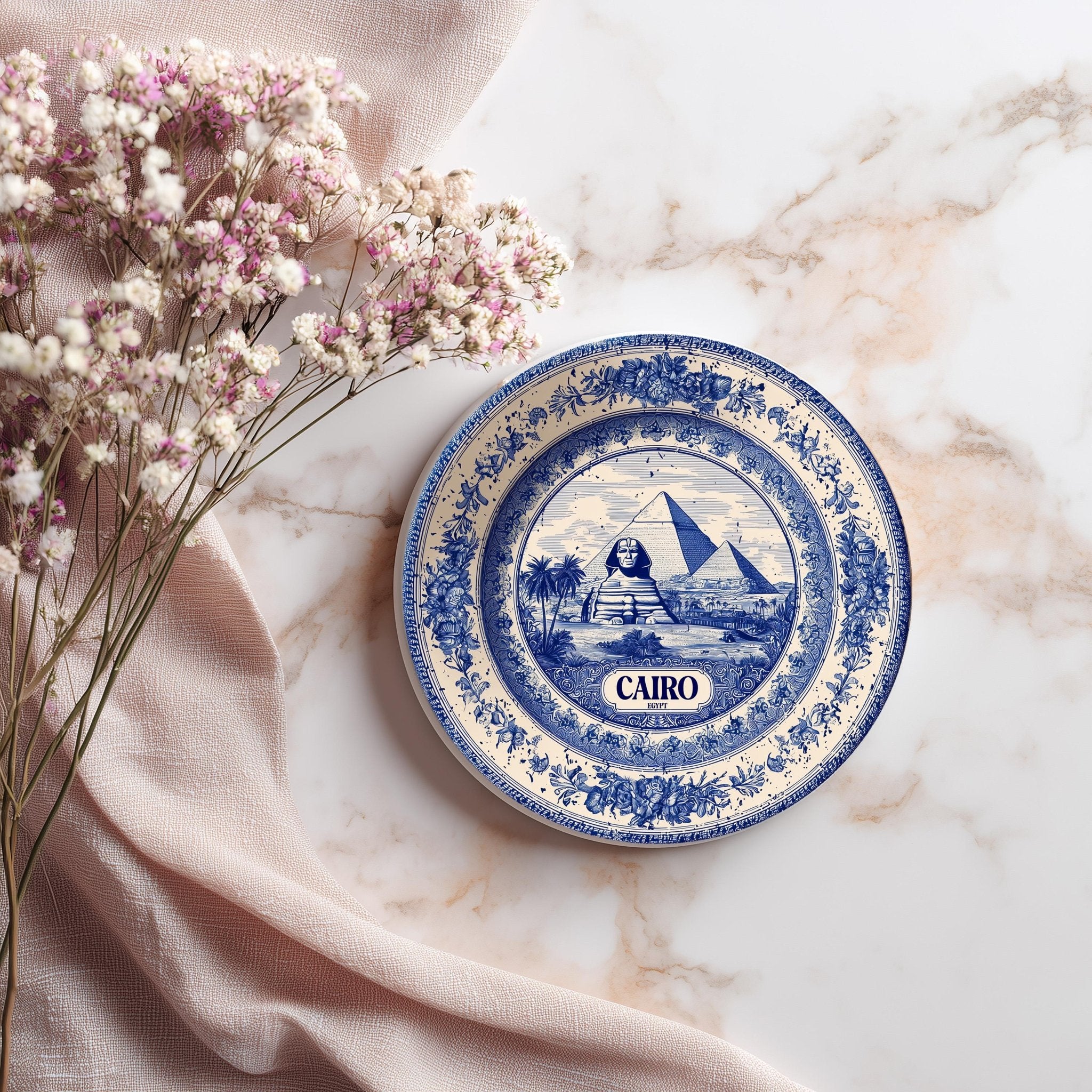 Cairo Egypt Delftware Ceramic Coaster, Blue White Travel Gift, Vintage Home Decor Collectible - CuteBeePix