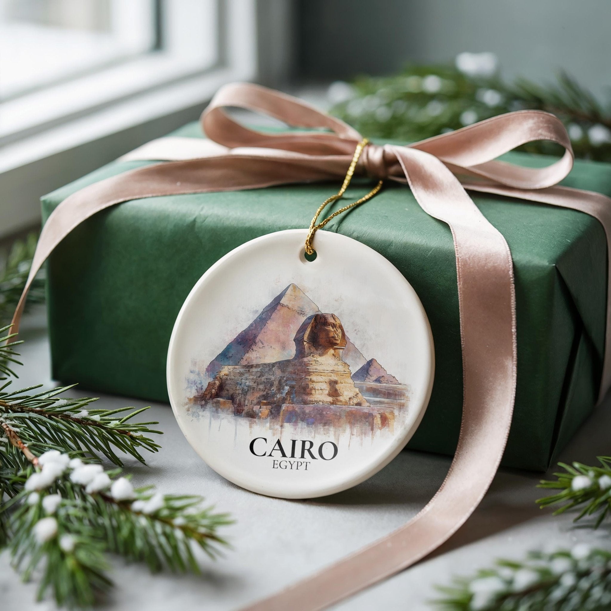 Cairo Egypt Personalized Watercolor Ornament, Custom Ceramic Christmas gift, Travel Keepsake - CuteBeePix