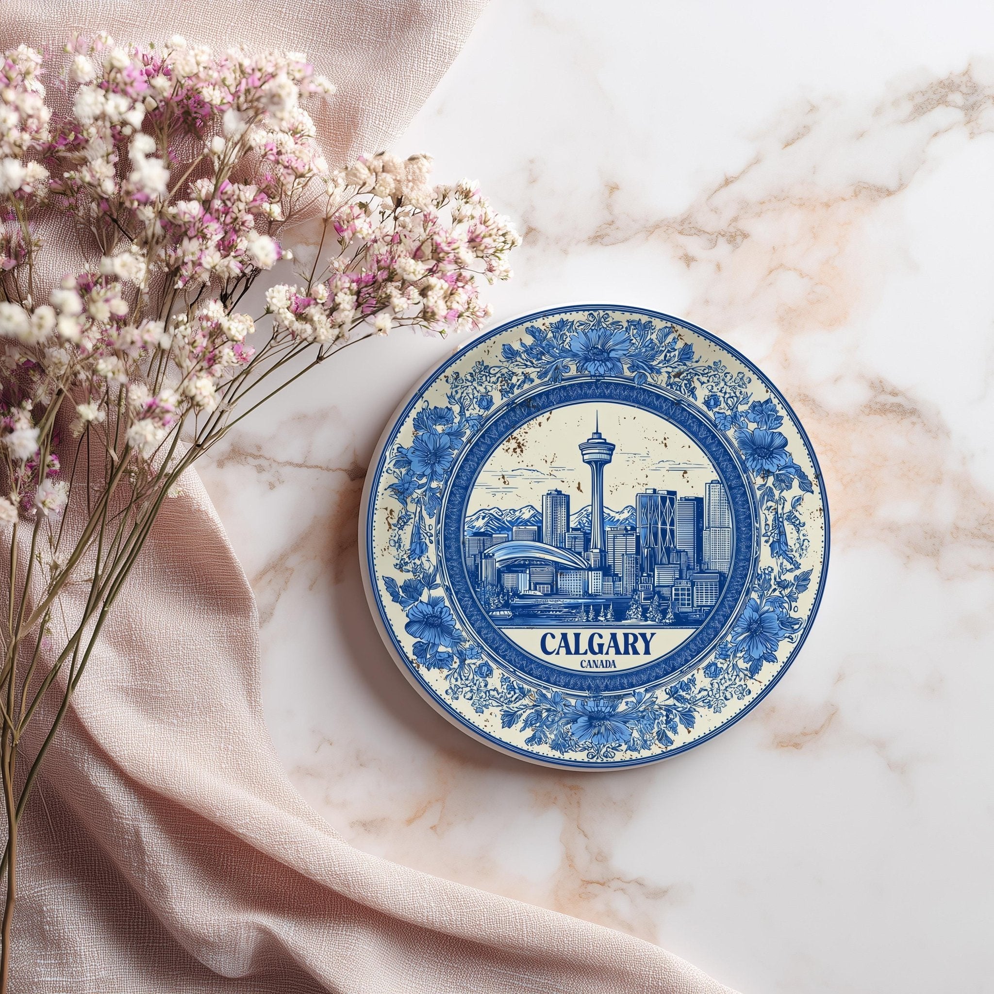 Calgary Canada Delftware Ceramic Coaster, Blue White Travel Gift, Vintage Home Decor Collectible - CuteBeePix