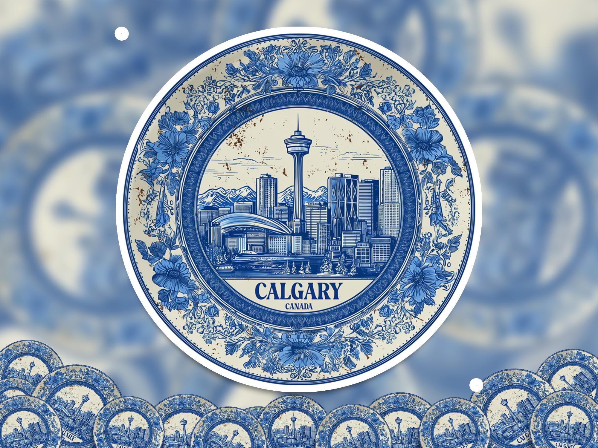 Calgary Canada Sticker Vintage Delft style, Delftware Decal Waterproof Vinyl, Blue City Travel - CuteBeePix