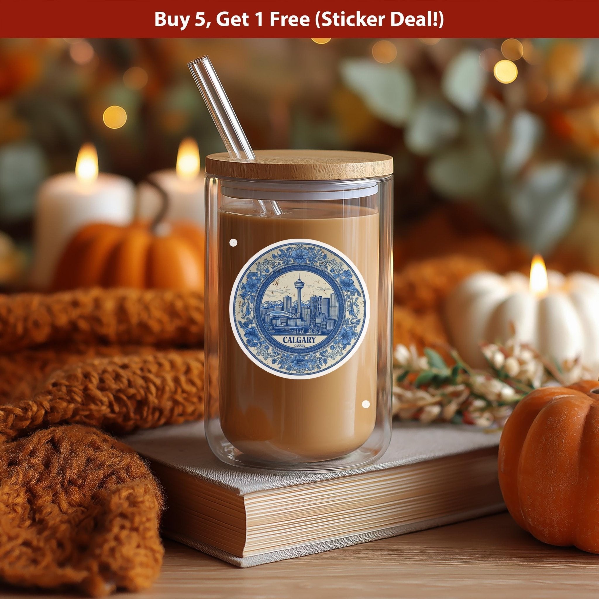 Calgary Canada Sticker Vintage Delft style, Delftware Decal Waterproof Vinyl, Blue City Travel - CuteBeePix