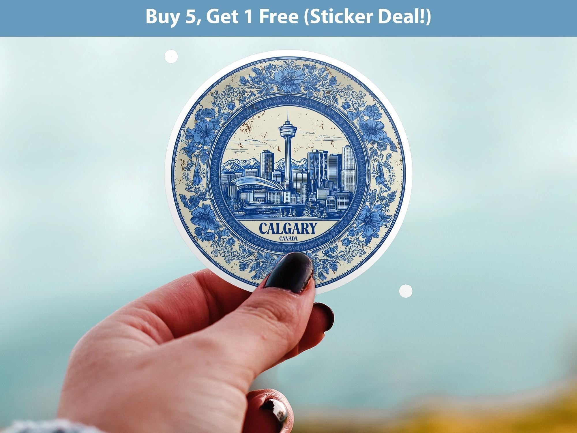 Calgary Canada Sticker Vintage Delft style, Delftware Decal Waterproof Vinyl, Blue City Travel - CuteBeePix
