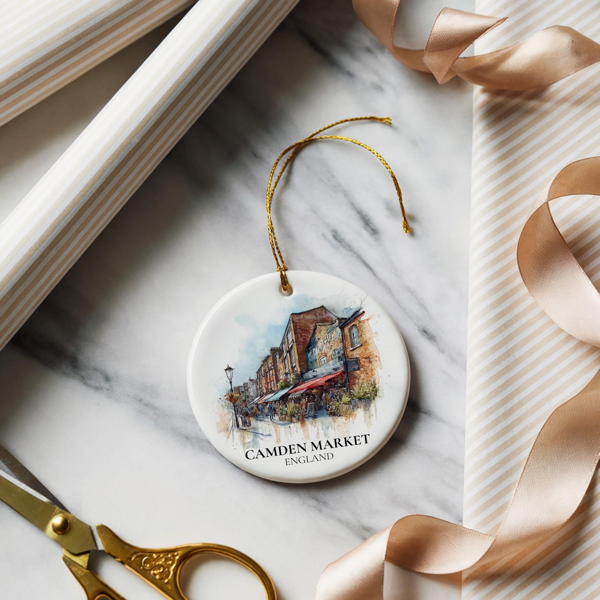 Camden Market England Personalized Watercolor Ornament, Custom Ceramic Christmas gift, Travel Keepsake - CuteBeePix