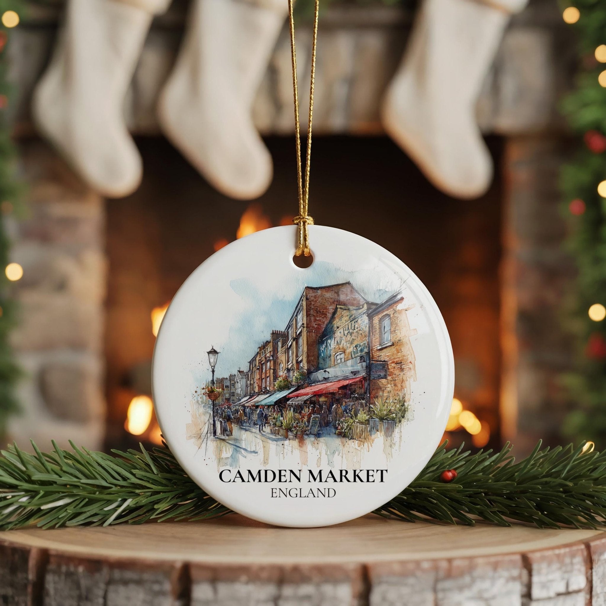 Camden Market England Personalized Watercolor Ornament, Custom Ceramic Christmas gift, Travel Keepsake - CuteBeePix